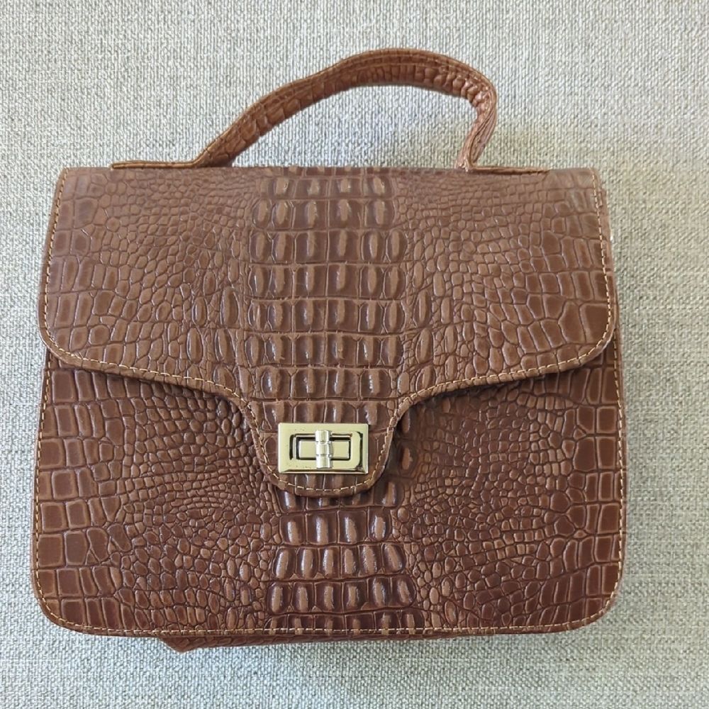 Brown Leather Crocodile Pattern Handbag